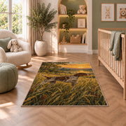 Pointer in Tall Grass at Sunrise rug in a nursery with a crib and armchair