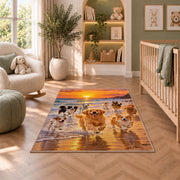 Dogs Running on the Beach rug in a nursery with a crib and armchair