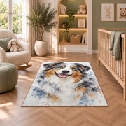 Watercolor Australian Shepherd rug in a nursery with a crib and armchair