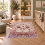Shih Tzu on Velvet Pillow rug in a nursery with a crib and armchair