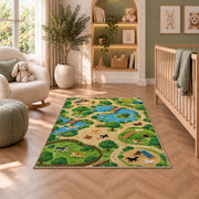 Dog Park Map rug in a nursery with a crib and armchair