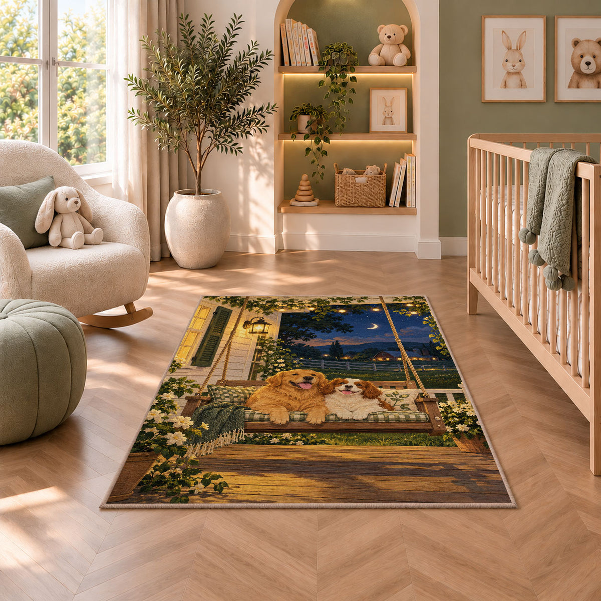 Two Dogs on Porch Swing rug in a nursery with a crib and armchair