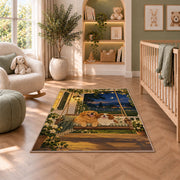 Two Dogs on Porch Swing rug in a nursery with a crib and armchair