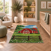 Classic Red Barn rug in a nursery with a crib and armchair