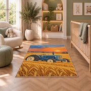 Vintage Tractor in Wheat Field rug in a nursery with a crib and armchair