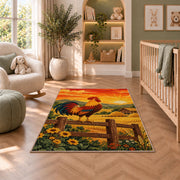 Rooster at Sunrise rug in a nursery with a crib and armchair