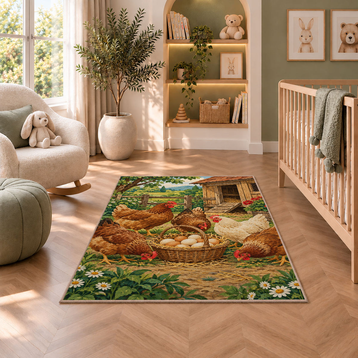 Hens and Fresh Eggs rug in a nursery with a crib and armchair
