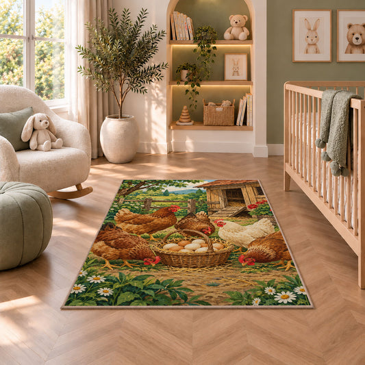 Hens and Fresh Eggs rug in a nursery with a crib and armchair