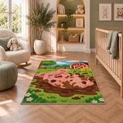 Happy Pig in Mud rug in a nursery with a crib and armchair
