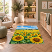 Sunflower Field Farmhouse rug in a nursery with a crib and armchair