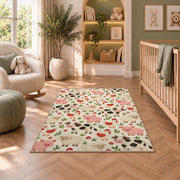 Farm Animals Pattern rug in a nursery with a crib and armchair