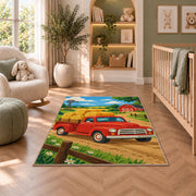 Red Pickup with Hay Bales rug in a nursery with a crib and armchair