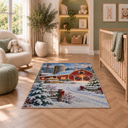 Snowy Farm at Christmas rug in a nursery with a crib and armchair