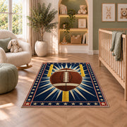 Starburst Football rug in a nursery with a crib and armchair