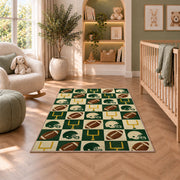 Checkered Football rug in a nursery with a crib and armchair