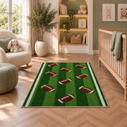 Football Turf Stripe rug in a nursery with a crib and armchair