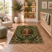Vintage Leather Football rug in a nursery with a crib and armchair