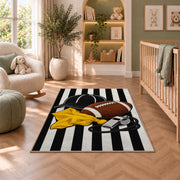 Football Referee rug in a nursery with a crib and armchair