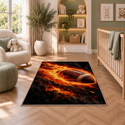 Flaming Football rug in a nursery with a crib and armchair