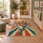 Retro Football Player rug in a nursery with a crib and armchair