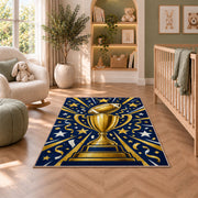 Football Championship Trophy rug in a nursery with a crib and armchair