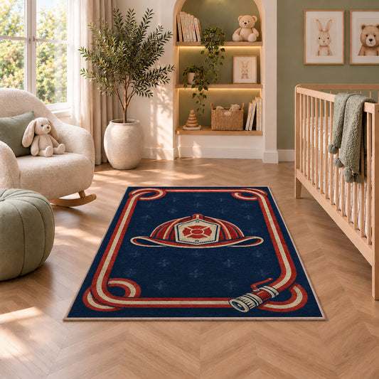 Fire Hose Frame Helmet rug in a nursery with a crib and armchair