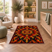 Flame Mandala rug in a nursery with a crib and armchair