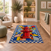 Pop Art Fire Hydrant rug in a nursery with a crib and armchair