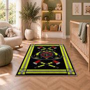 Reflective Stripe Fire Helmet rug in a nursery with a crib and armchair