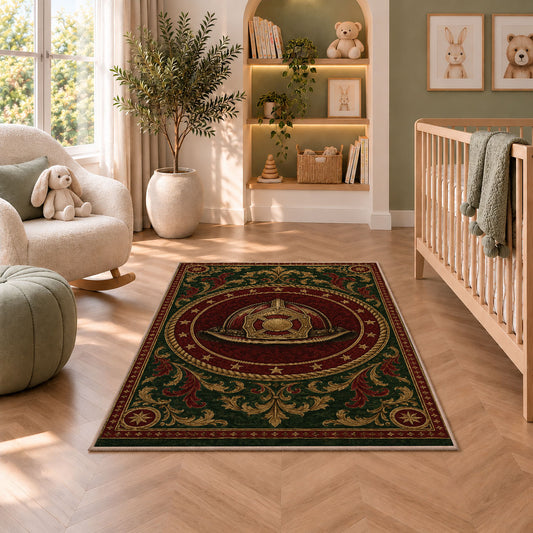Vintage Fire Helmet Medallion rug in a nursery with a crib and armchair