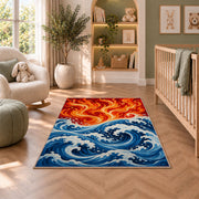 Fire and Water Waves rug in a nursery with a crib and armchair