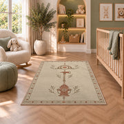 Minimalist Firefighter Line Art rug in a nursery with a crib and armchair