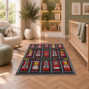 Fire Truck Parking Lot rug in a nursery with a crib and armchair