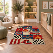Firefighter Patchwork rug in a nursery with a crib and armchair