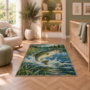Leaping bass lake rug in a nursery with a crib and armchair
