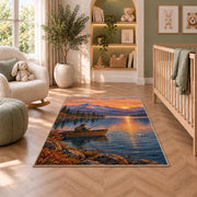 Sunrise fishing boat rug in a nursery with a crib and armchair