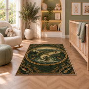 Vintage bass badge rug in a nursery with a crib and armchair