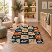 Retro fishing checkered rug in a nursery with a crib and armchair