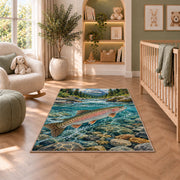 Rainbow trout stream rug in a nursery with a crib and armchair