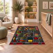 Tackle box rug in a nursery with a crib and armchair
