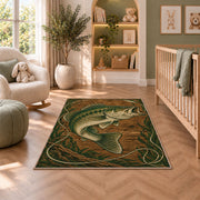 Woodcut bass rug in a nursery with a crib and armchair