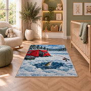 Ice fishing rug in a nursery with a crib and armchair