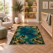 Fishing lake map rug in a nursery with a crib and armchair