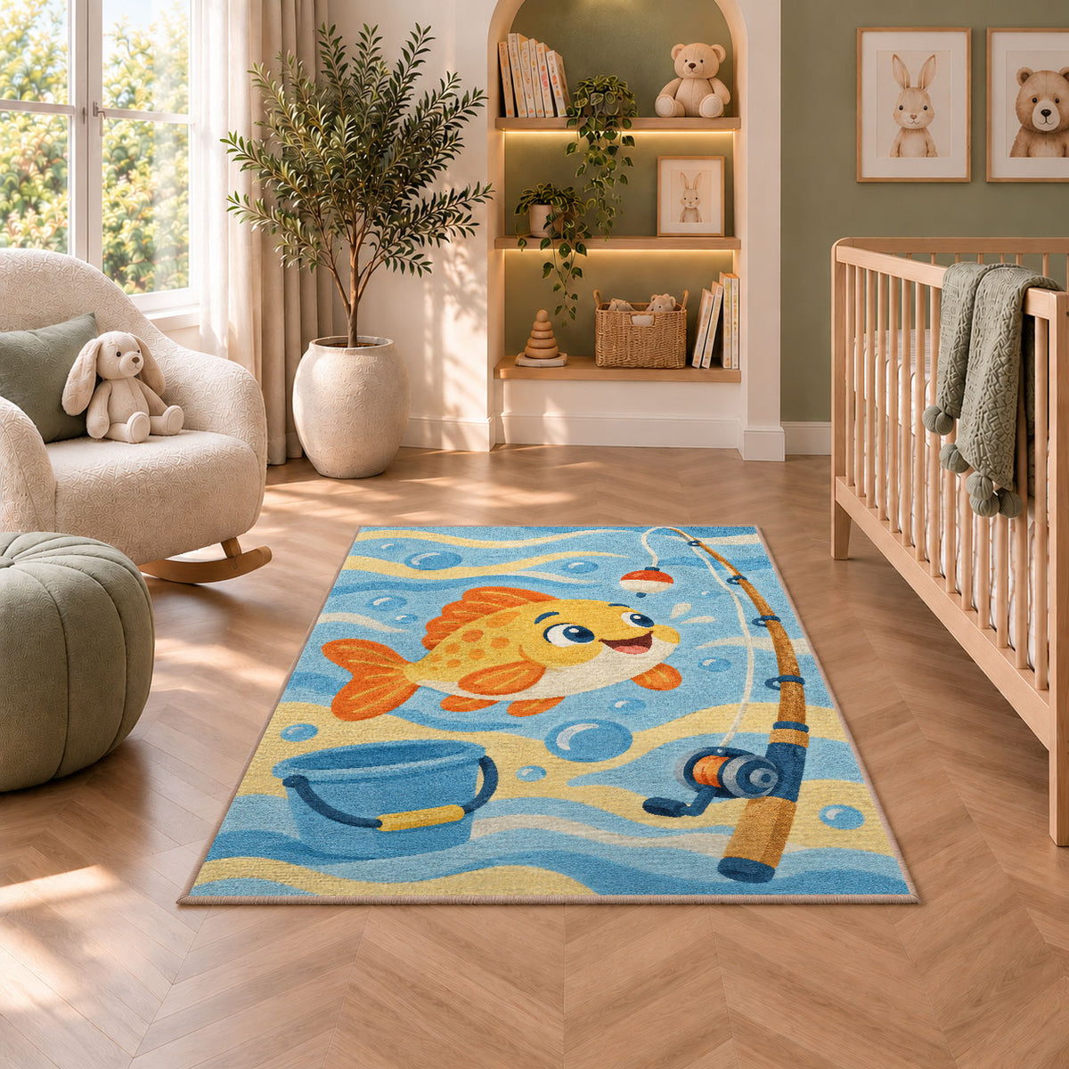 Cartoon fish kids rug in a nursery with a crib and armchair