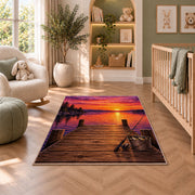 Dock sunset fishing rug in a nursery with a crib and armchair