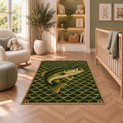 Bass on fish scales rug in a nursery with a crib and armchair