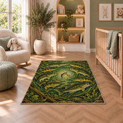 Circle of fish rug in a nursery with a crib and armchair