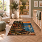 Lakeside fishing cabin rug in a nursery with a crib and armchair