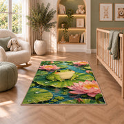 frog on a lily pad rug in a nursery with a crib and armchair