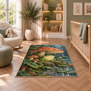 frog under a mushroom umbrella in the rain rug in a nursery with a crib and armchair
